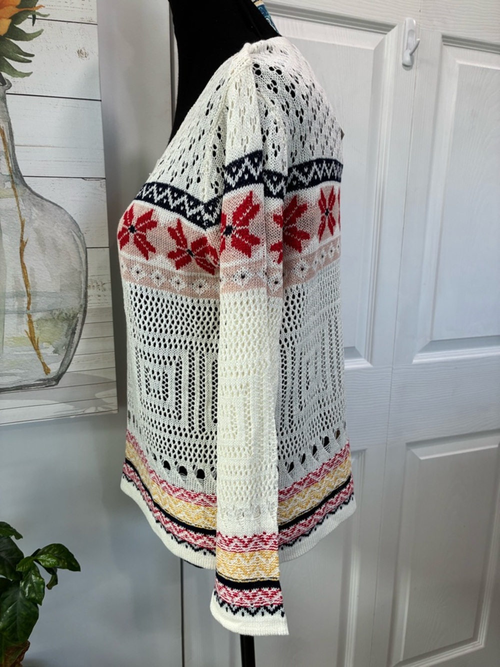 Ivory Open-Knit Crewneck Sweater with Red Fair Isle Accents - Picture 4 of 7